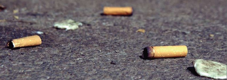 Discarded cigarette ends and chewing gum on a dark pavement