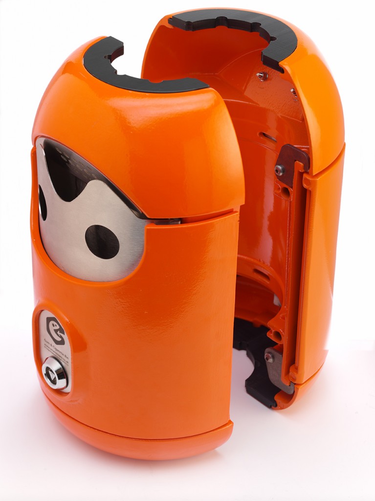 Orange Smartbin twin halves separated to reveal the column opening and internal fixing arrangement